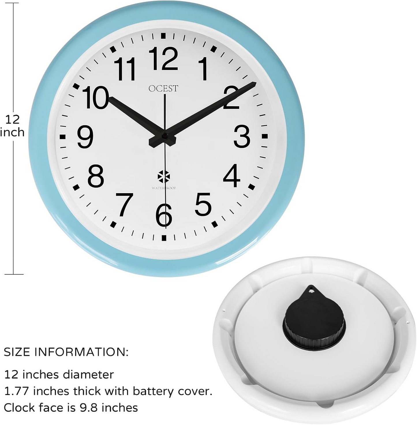 OCEST 12 Inch Sealed Indoor Outdoor Clock Waterproof, Large Display, Easy to Read, Silent Non-Ticking Battery Operated Wall Clock for Bathroom, Patio, Pool, Porch, Garden(Blue)