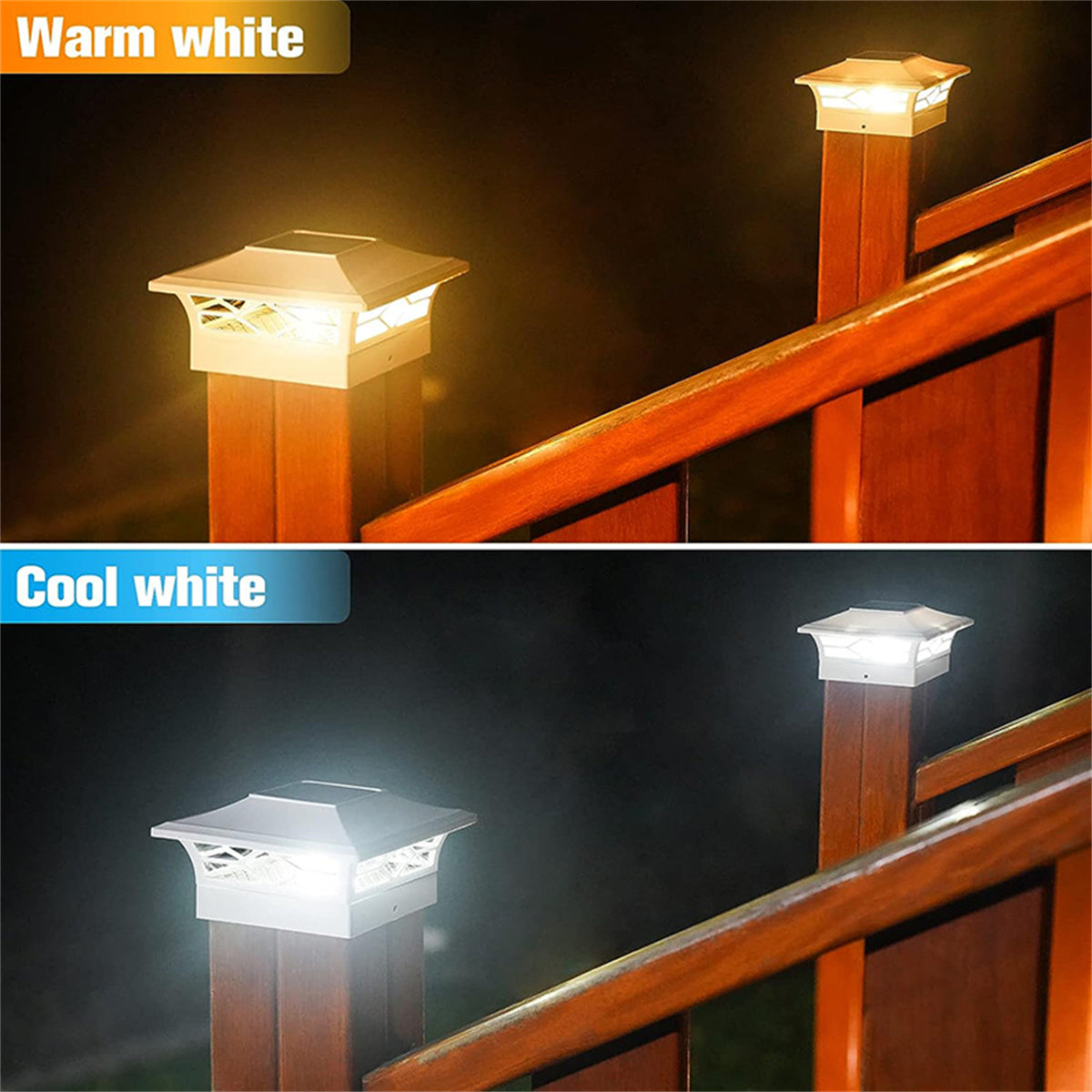 2 Pack Solar Post Cap Lights, 4''x4'' 6''x6'' Outdoor LED Fence Post Cap Lights, 2 Color Modes Solar Powered Deck Lights for Dock Waterproof, fit for Wooden/Vinyl Posts