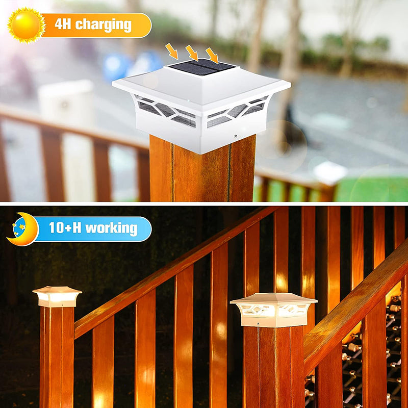 4 Pack Solar Post Cap Lights, 4''x4'' 6''x6'' Outdoor LED Fence Post Cap Lights, 2 Color Modes Solar Powered Deck Lights for Dock Waterproof, fit for Wooden/Vinyl Posts