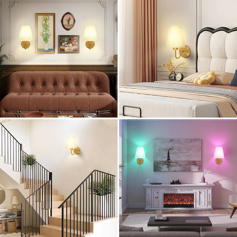 Battery Operated Wall Sconce, Set of 2 Gold Rechargeable Wall Lights with 10000mAh Dimmable Bulb, Wireless RGB Wall Lamp for Bedroom Living Room Hallway Décor