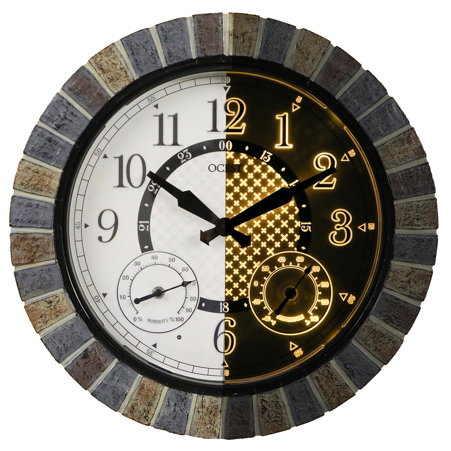 OCEST 18inch Large Indoor Outdoor Clock Illuminated Wall Clock with Thermometer Hygrometer & Night Light Waterproof Battery Operated Silent Non-Ticking