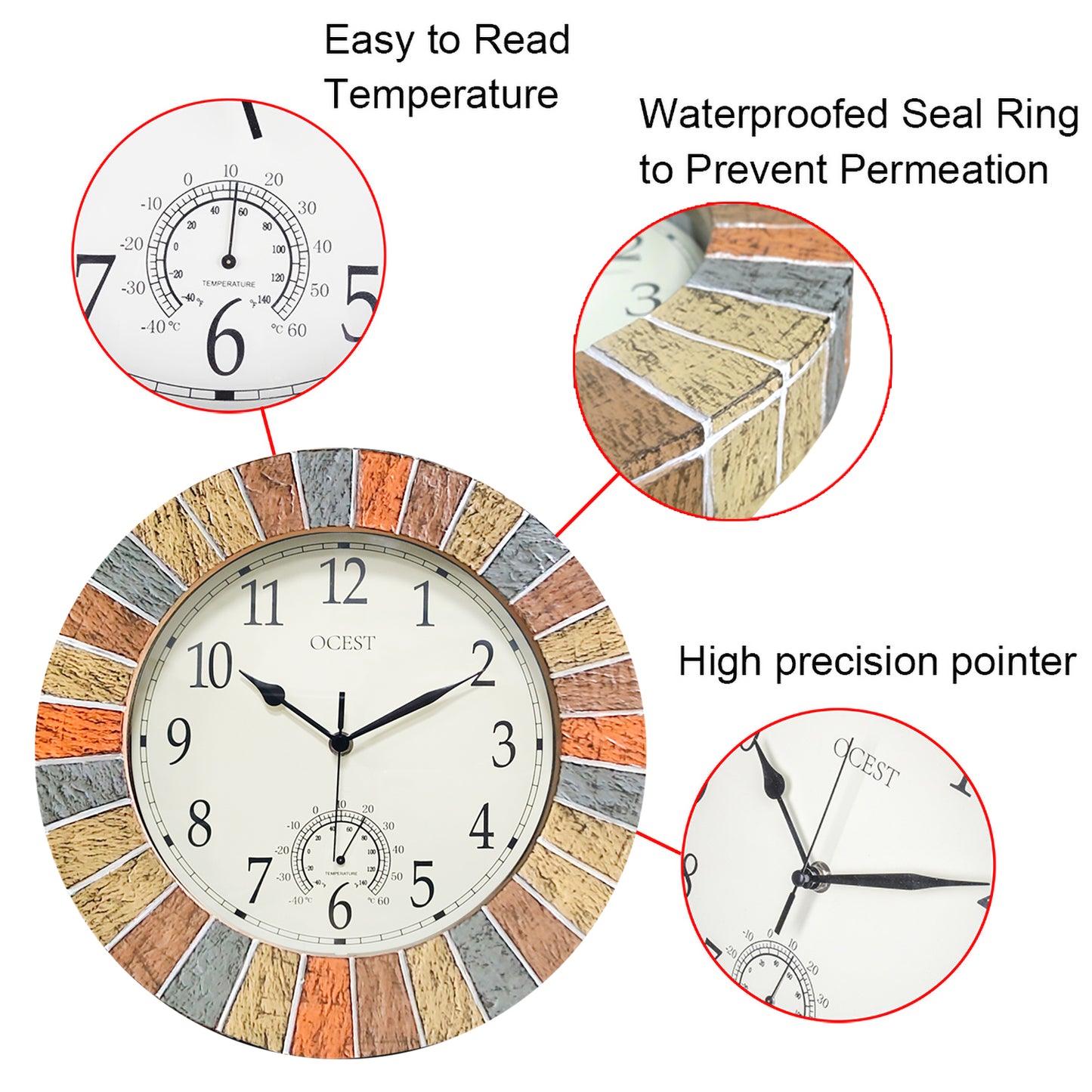 OCEST Outdoor Indoor Clock Waterproof with Thermometer Faux Stone