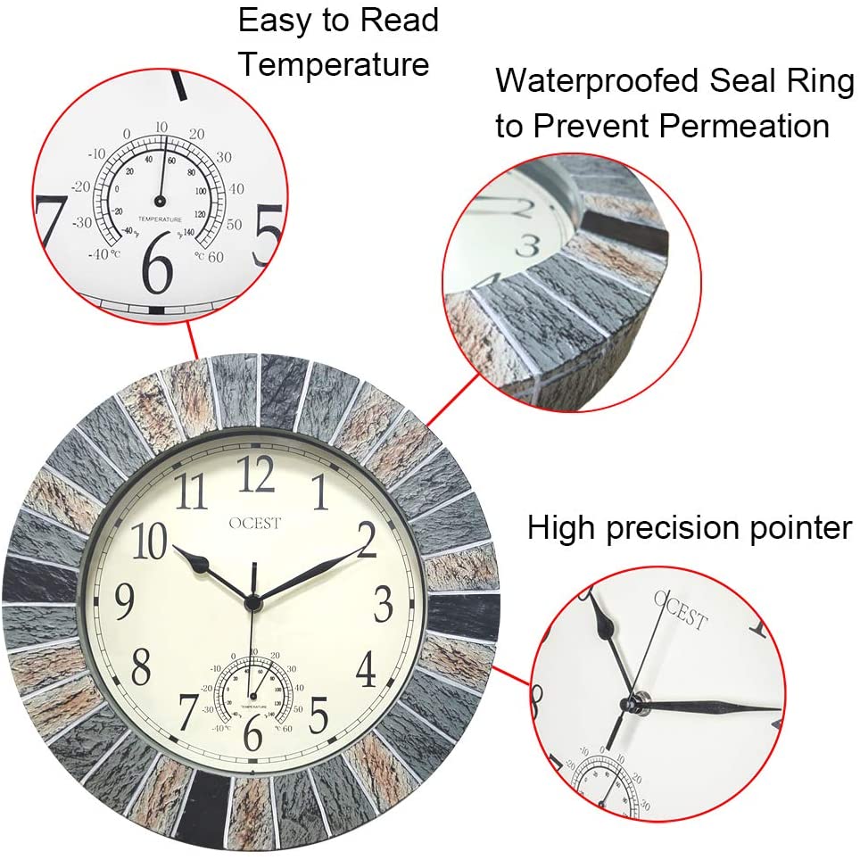 OCEST 13 Inch Large Outdoor Indoor Wall Clock Waterproof with Thermometer