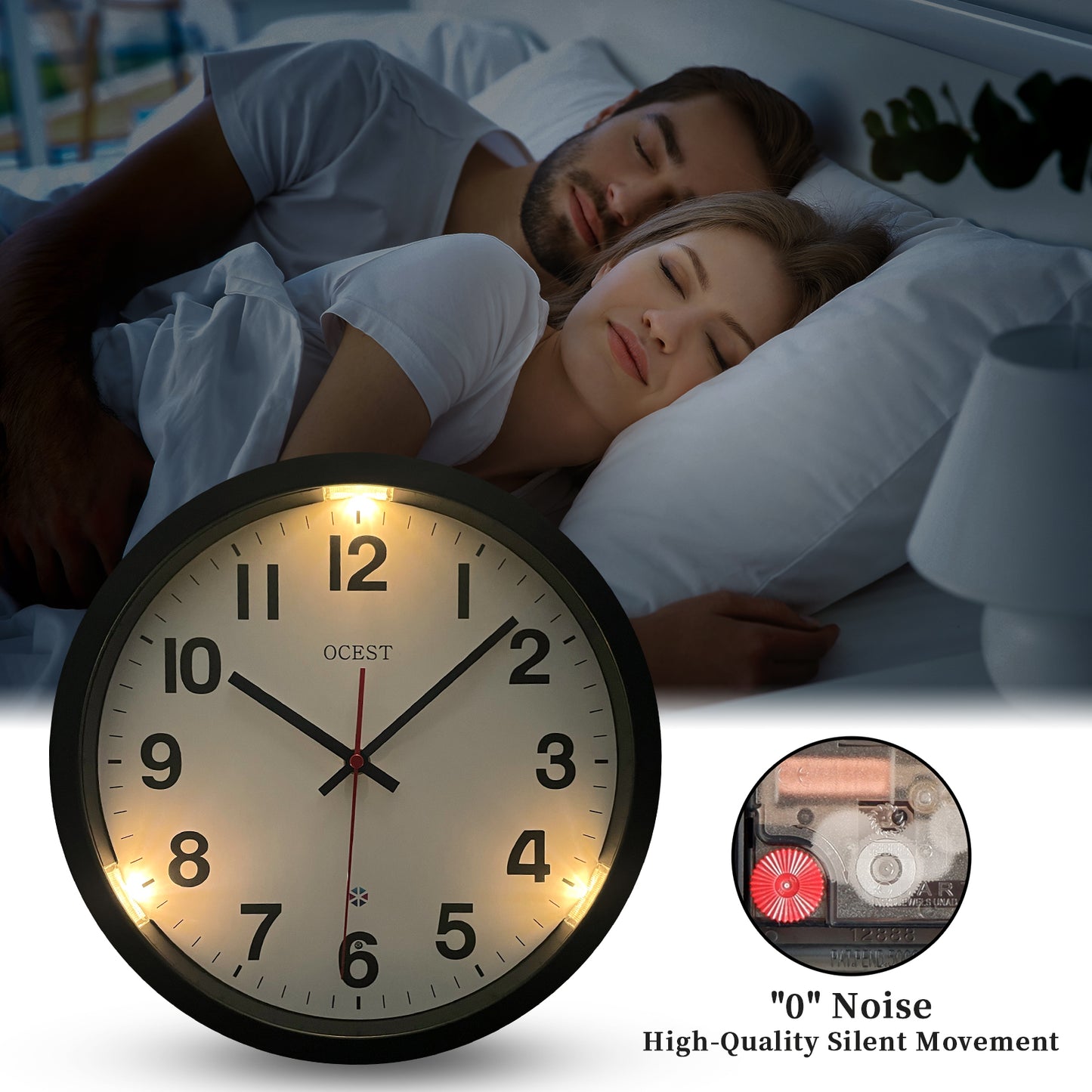 OCEST 12 Inch Silent Night Light Wall Clock Battery Operated for Bedroom Living Room