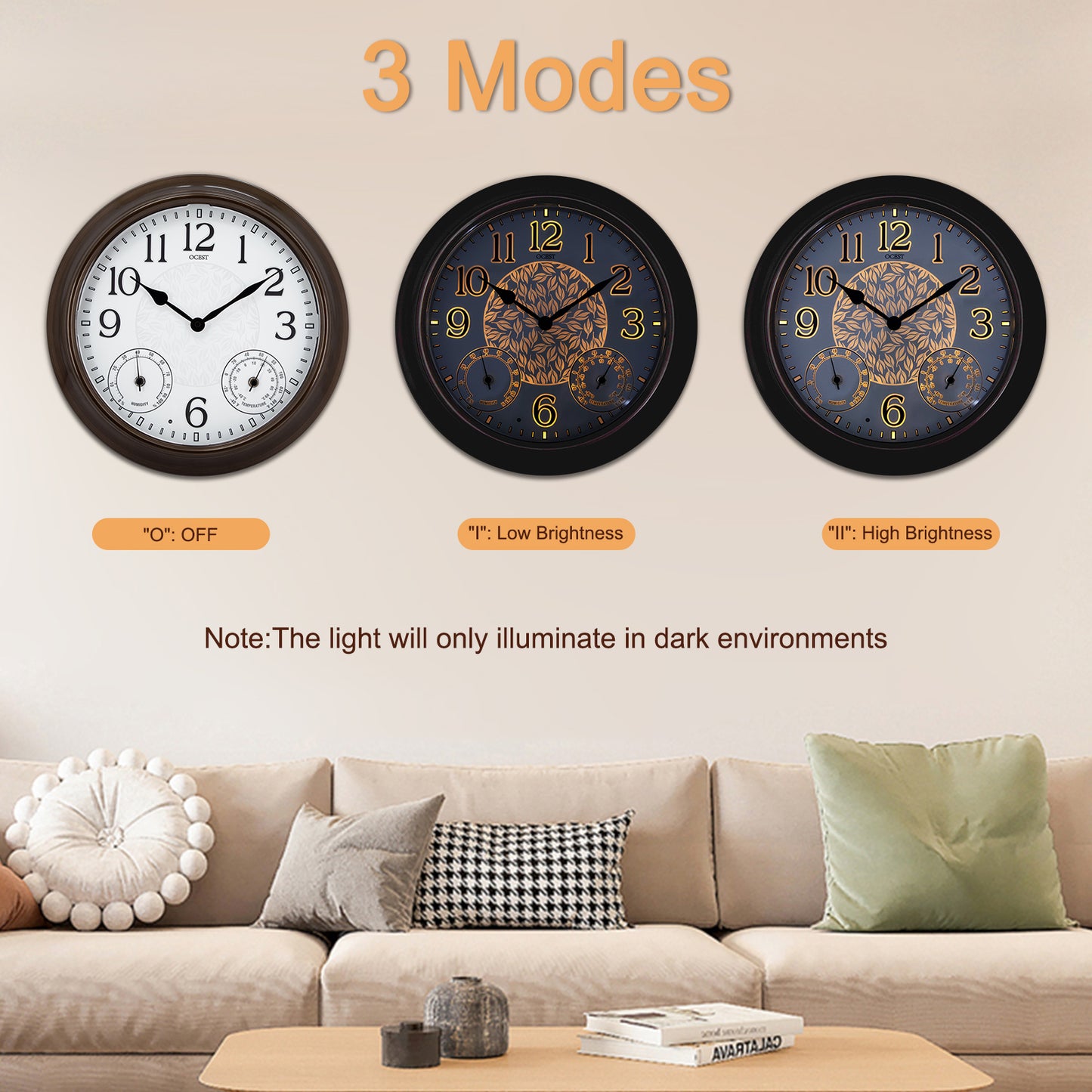 OCEST 15 Inch Metal Illuminated Wall Clocks Waterproof with Thermometer & Hygrometer Smart Sensor