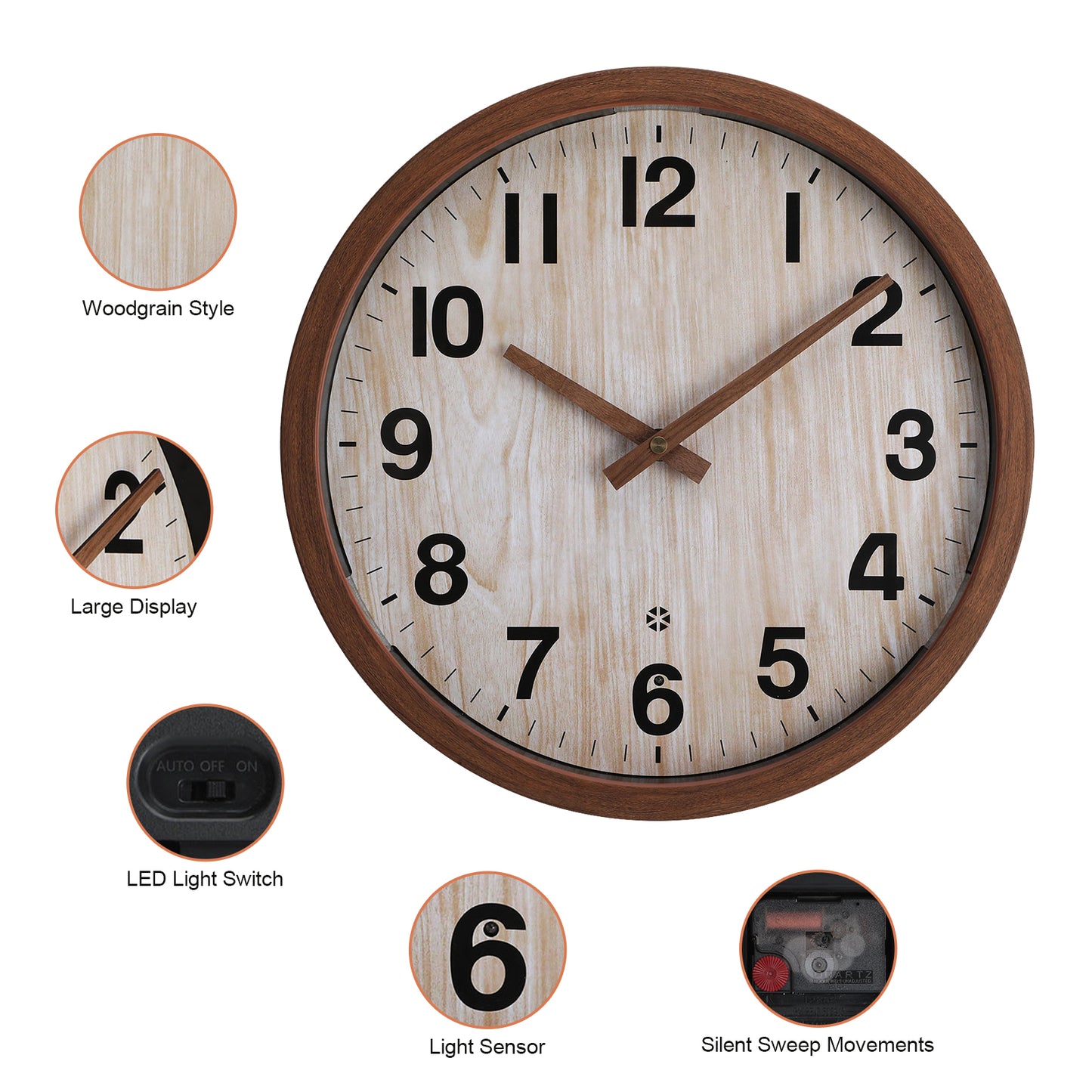 OCEST 12 Inch Silent Night Light Wall Clock Battery Operated for Bedroom Living Room