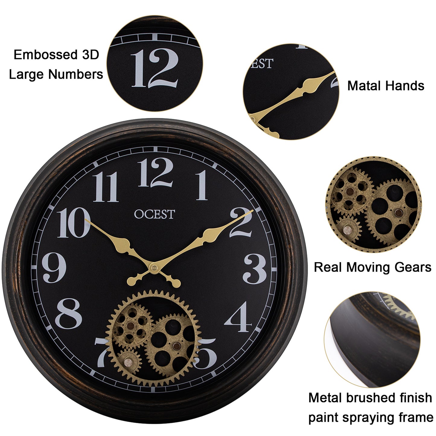OCEST Large Moving Gear Wall Clock, 15Inch Oversized Large Industrial Steampunk Wall Clock, Retro Decorative Wall Clock for Living Room Decor,Kitchen, Home Office