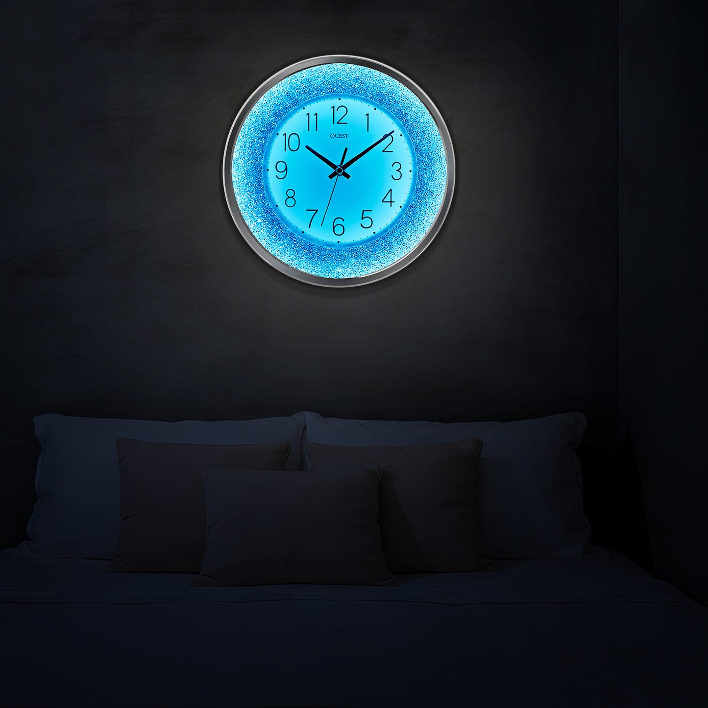 OCEST 12 Inch Crushed Diamond Wall Clock with Night Light, Silver
