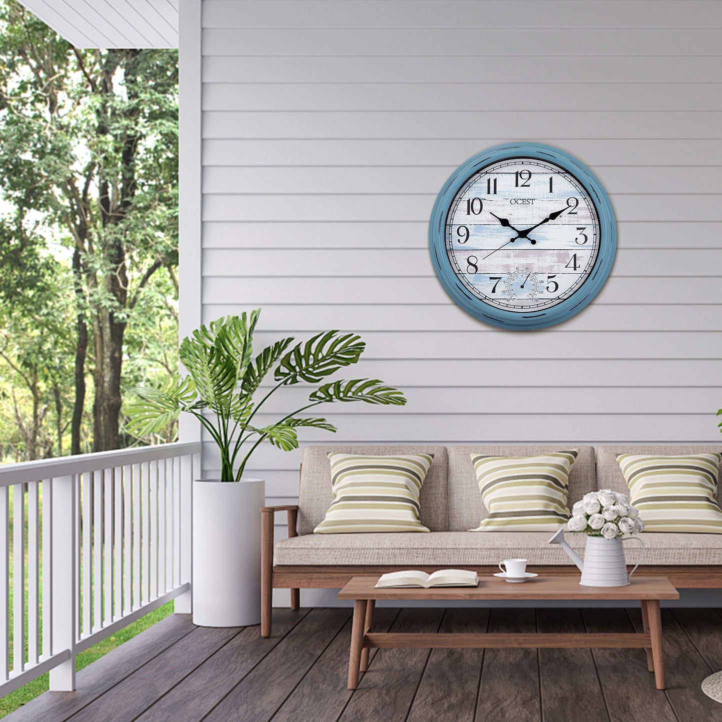 OCEST 16 Inch Outdoor Clock Waterproof with Thermometer Blue Nautical Style