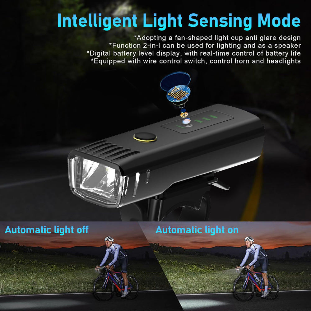 Bike Light Set, Rechargeable 1500mAh Light Sensing Bicycle Headlight Set with 4 Lighting Modes, Bike Front Light and Rear Light Set