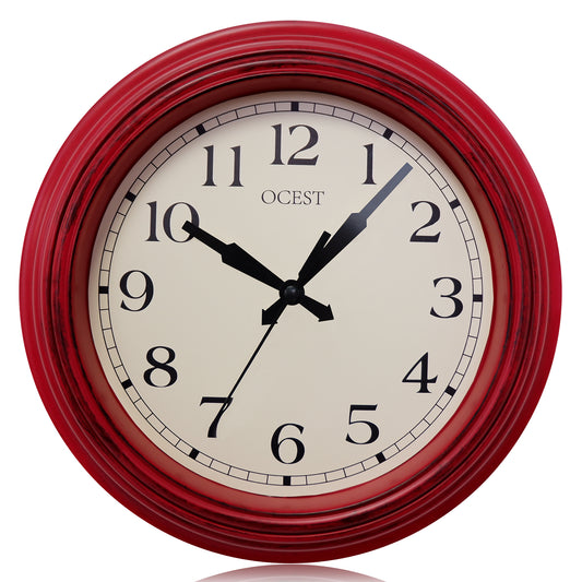 OCEST Retro Wall Clock 9 Inch Red Kitchen 50's Vintage Design Round Silent Non Ticking Battery Operated Quality Quartz Clock for Home Office Classroom