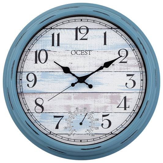 OCEST 16 Inch Outdoor Clock Waterproof with Thermometer Blue Nautical Style