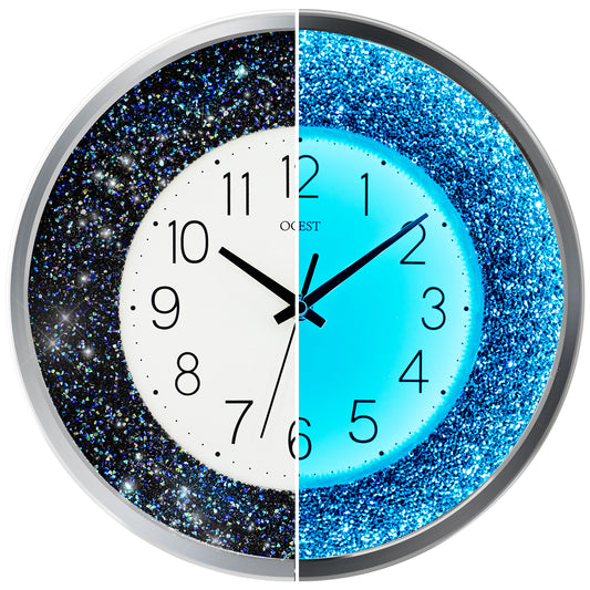 OCEST 12 Inch Crushed Diamond Wall Clock with Night Light, Blue