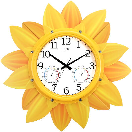 OCEST 24 Inch Waterproof Sunflower Outdoor Clock with Thermometer Hygrometer
