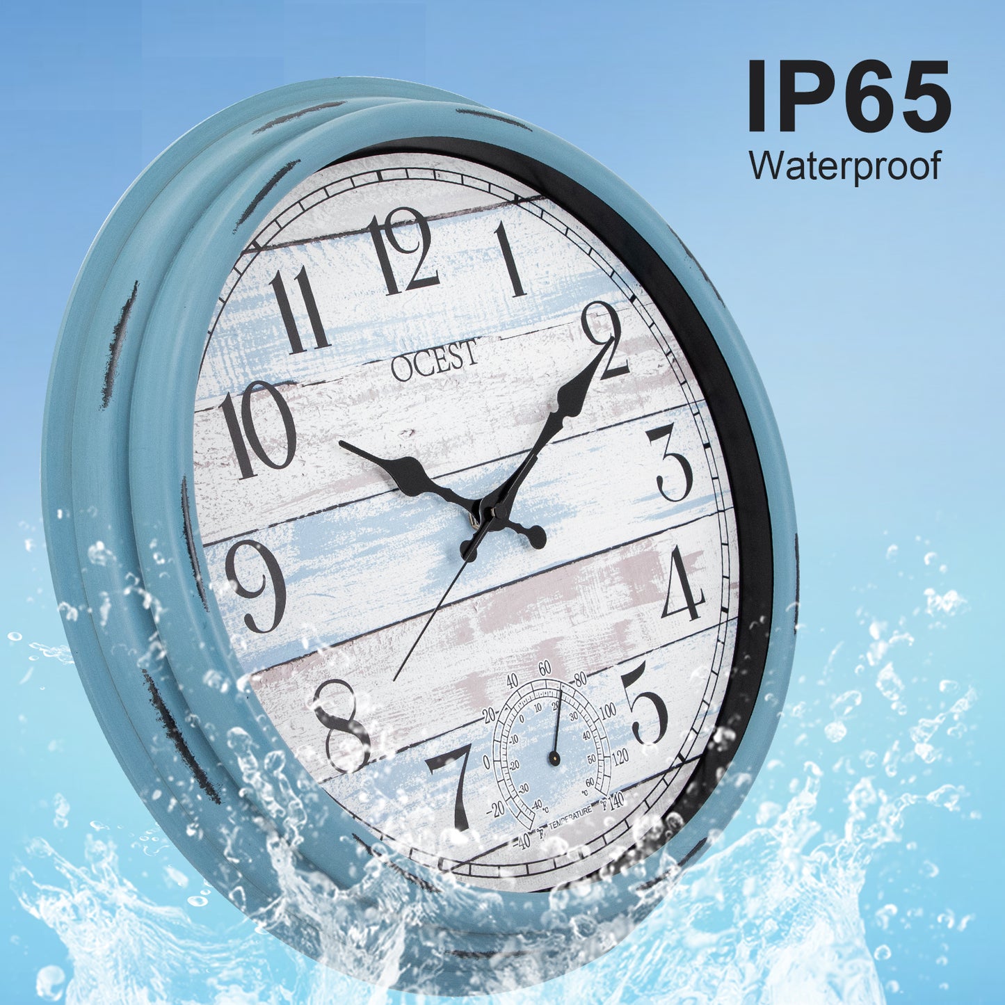 OCEST 16 Inch Outdoor Clock Waterproof with Thermometer Blue Nautical Style