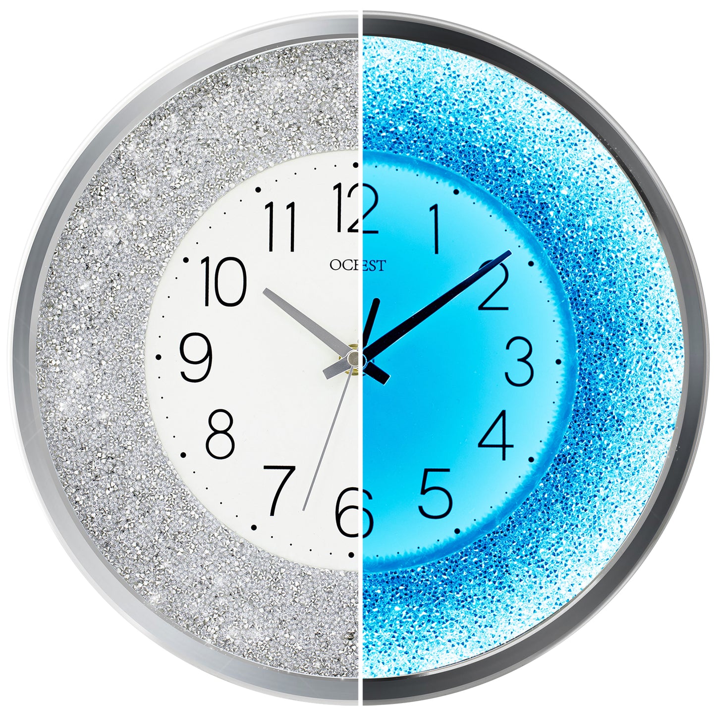 OCEST 12 Inch Crushed Diamond Wall Clock with Night Light, Silver