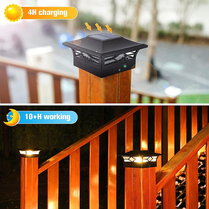 4 Pack Solar Post Cap Lights, 4''x4'' 6''x6'' Outdoor LED Fence Post Cap Lights, 2 Color Modes Solar Powered Deck Lights for Dock Waterproof, fit for Wooden/Vinyl Posts