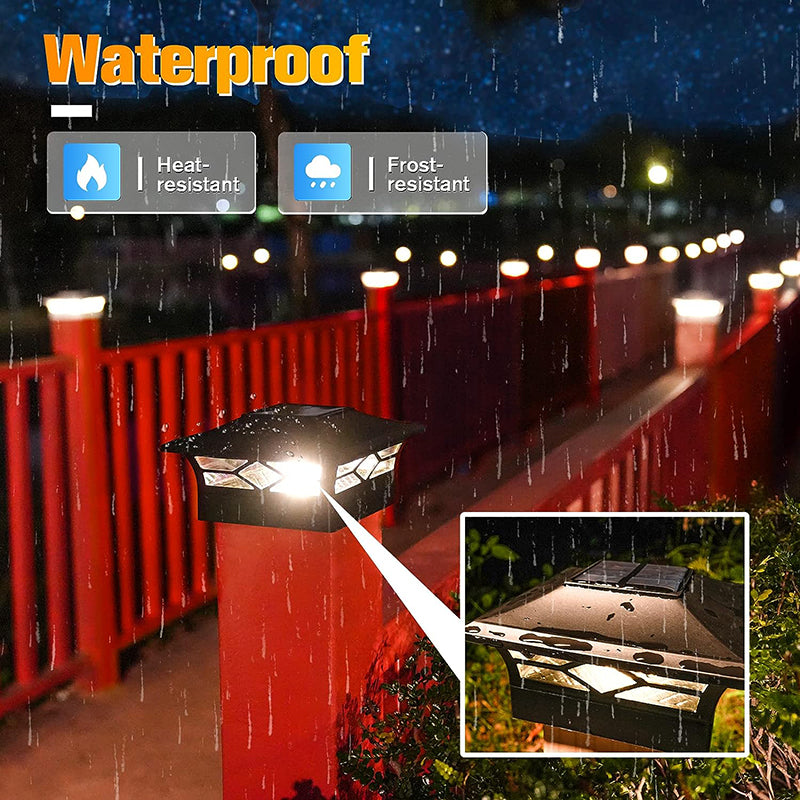 4 Pack Solar Post Cap Lights, 4''x4'' 6''x6'' Outdoor LED Fence Post Cap Lights, 2 Color Modes Solar Powered Deck Lights for Dock Waterproof, fit for Wooden/Vinyl Posts