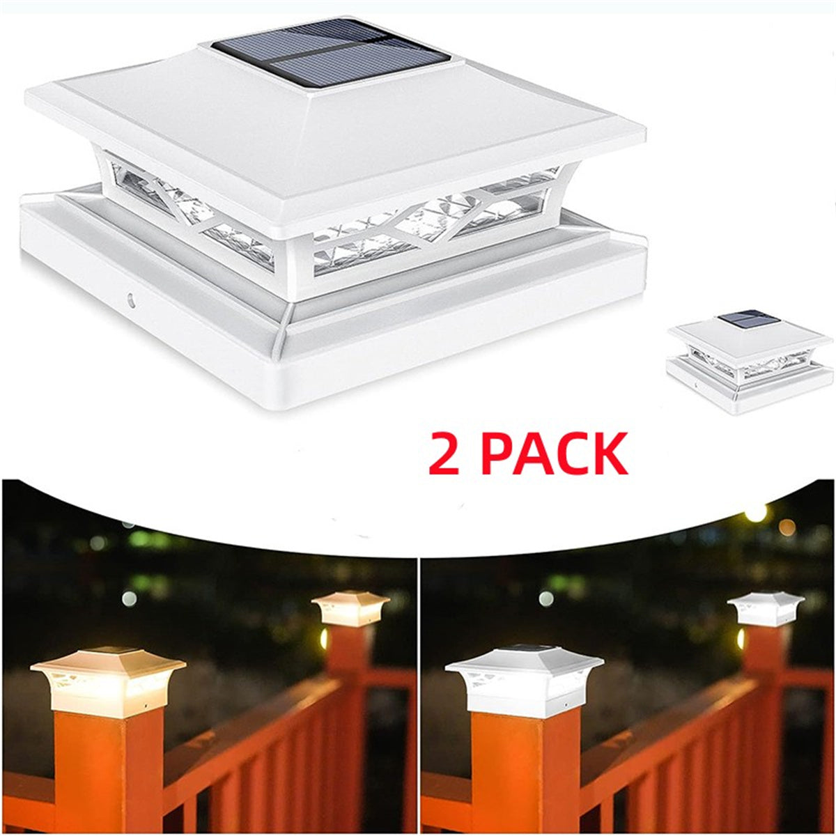 2 Pack Solar Post Cap Lights, 4''x4'' 6''x6'' Outdoor LED Fence Post Cap Lights, 2 Color Modes Solar Powered Deck Lights for Dock Waterproof, fit for Wooden/Vinyl Posts