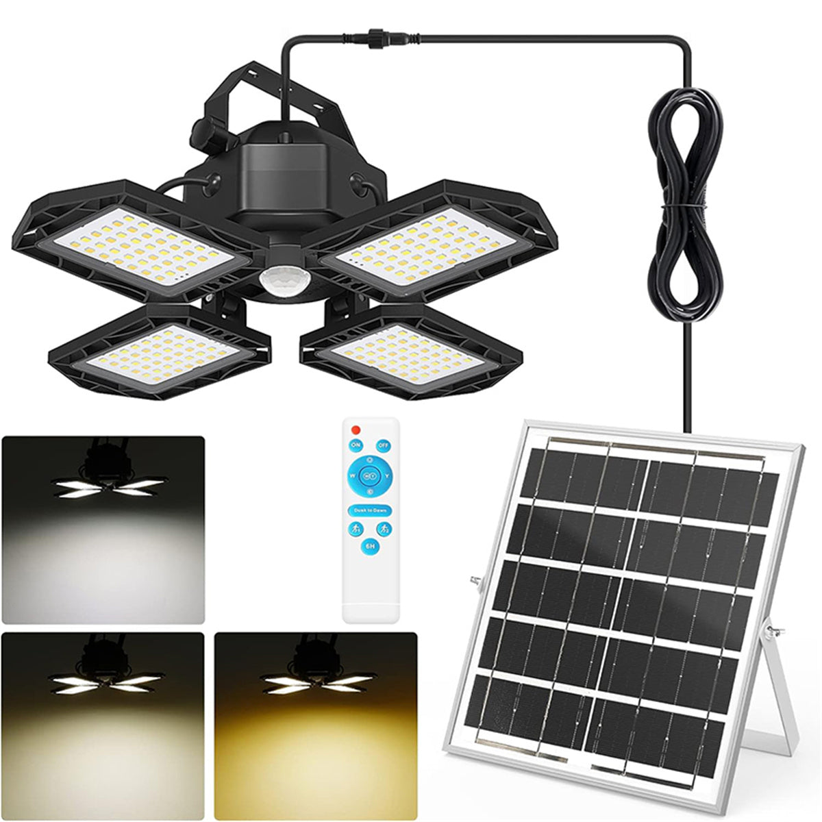 Solar Shed Lights, 168LED 5500LM Solar Pendant Light Indoor Outdoor, Motion Sensor Solar Lights with Remote Control, 4-Leaf Adjustable Lights for Home Yard Garage