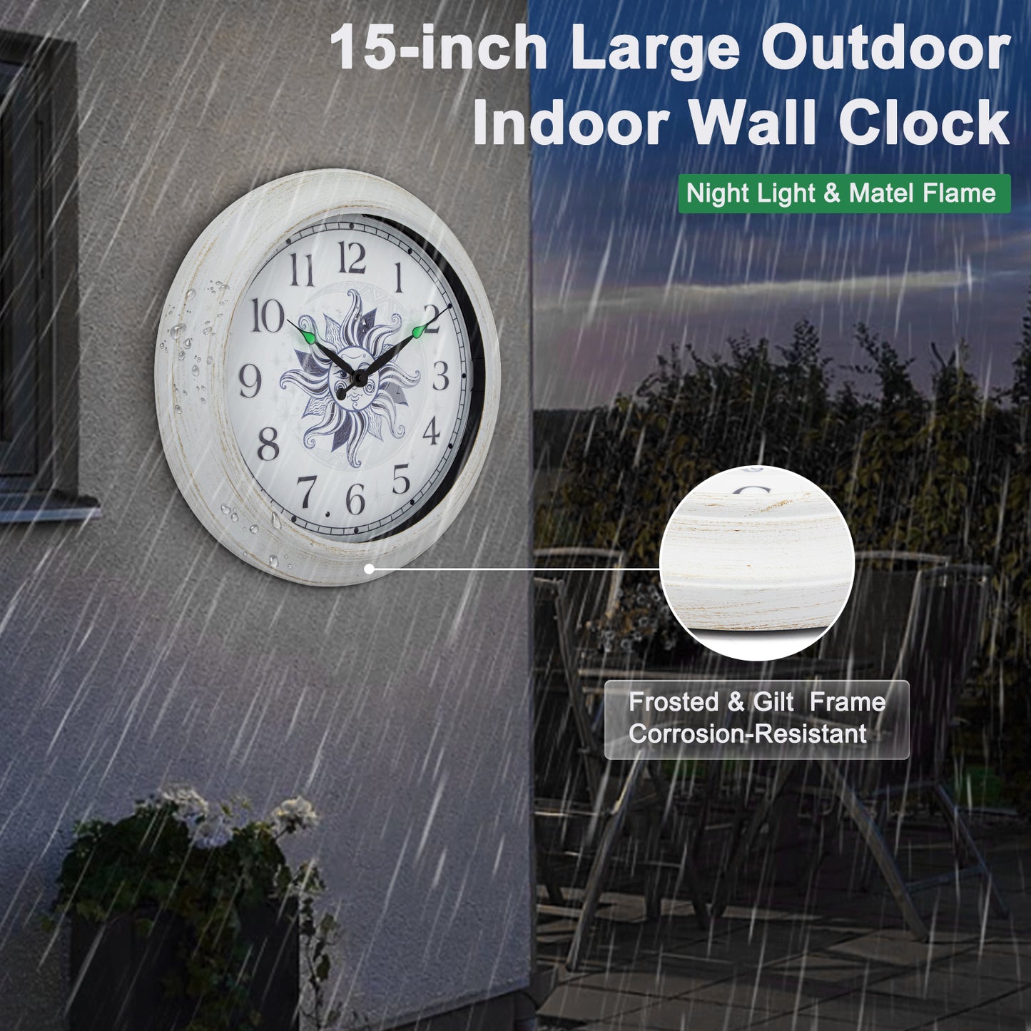 OCEST 15" Metal Night Light Outdoor Clock Waterproof