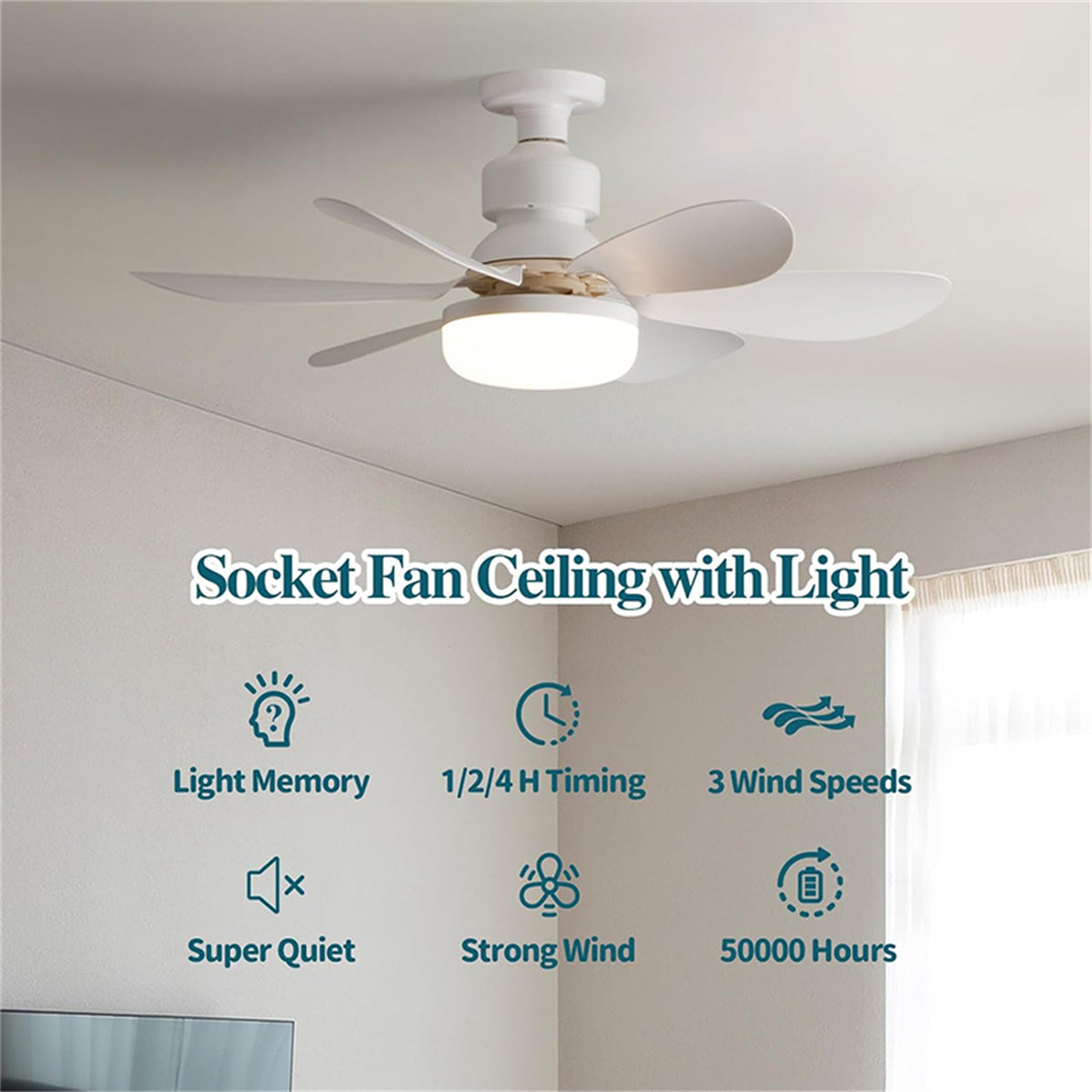 Fan Light with Remote, 20.5'' Ceiling Fans with Lights, Small Ceiling Fan with 3-Speeds and Memory Function, ‎Wireless Screw In Fan Lights for Bedroom, Kitchen, Living Room and Small Rooms