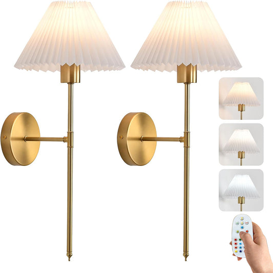 2 Pack Wall Sconces Battery Operated Wall Lights, Straight-Rod Wireless Charging Wall Lamp Shade with 2 Bulbs for Bedroom Living Room