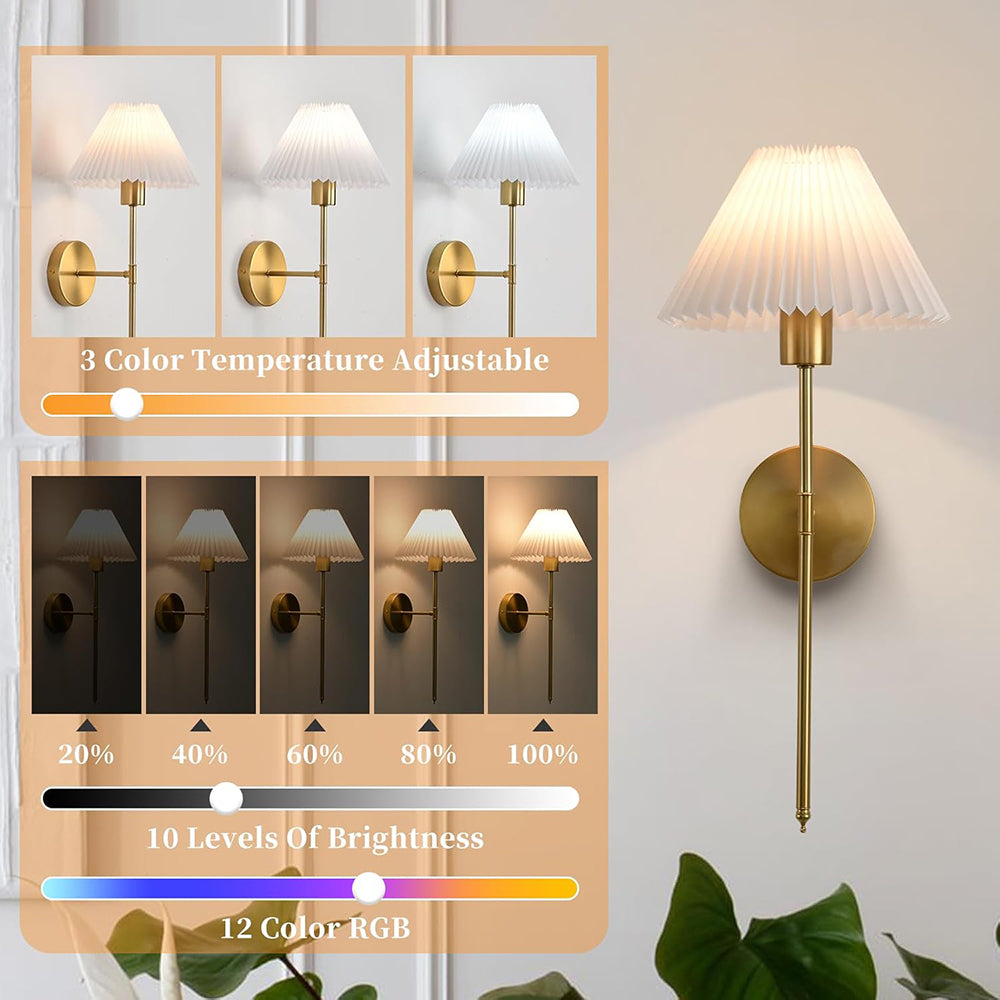 2 Pack Wall Sconces Battery Operated Wall Lights, Straight-Rod Wireless Charging Wall Lamp Shade with 2 Bulbs for Bedroom Living Room