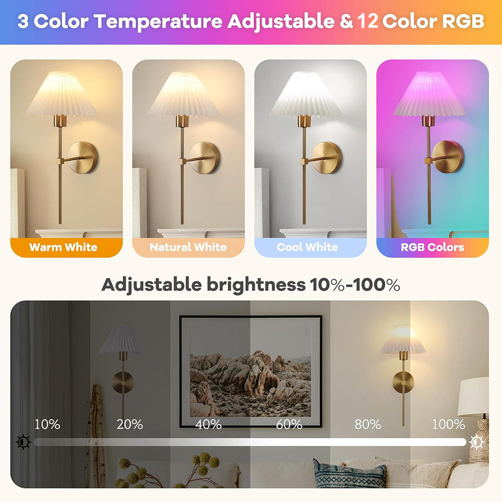 2 Pack Wall Sconces Battery Operated Wall Lights, Straight-Rod Wireless Charging Wall Lamp Shade with 2 Bulbs for Bedroom Living Room