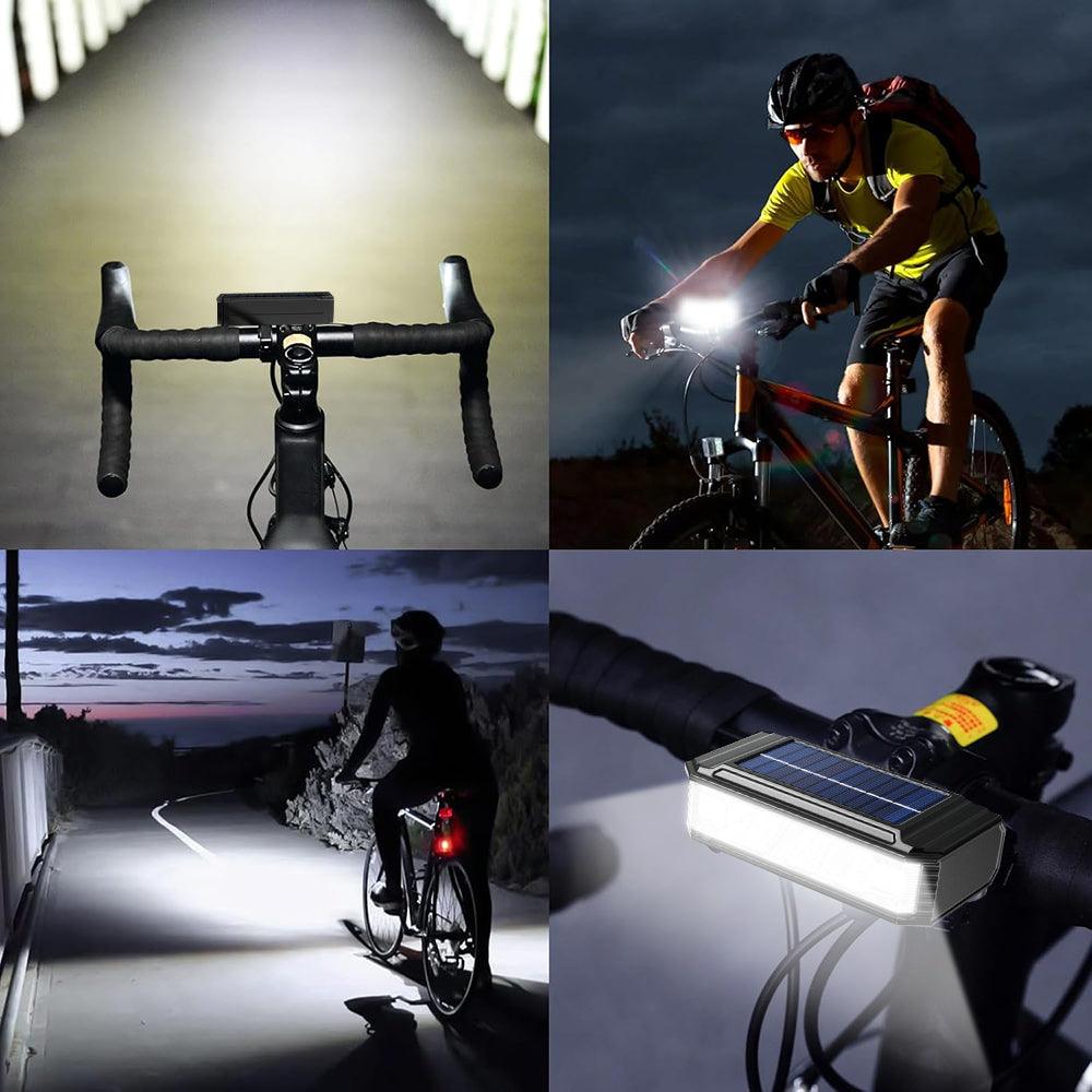 Solar Bike Light with Horn, 4000LM Rechargeable Bicycle Flood Headlight with Digital Display, 2000mAh Solar Bike Light Set