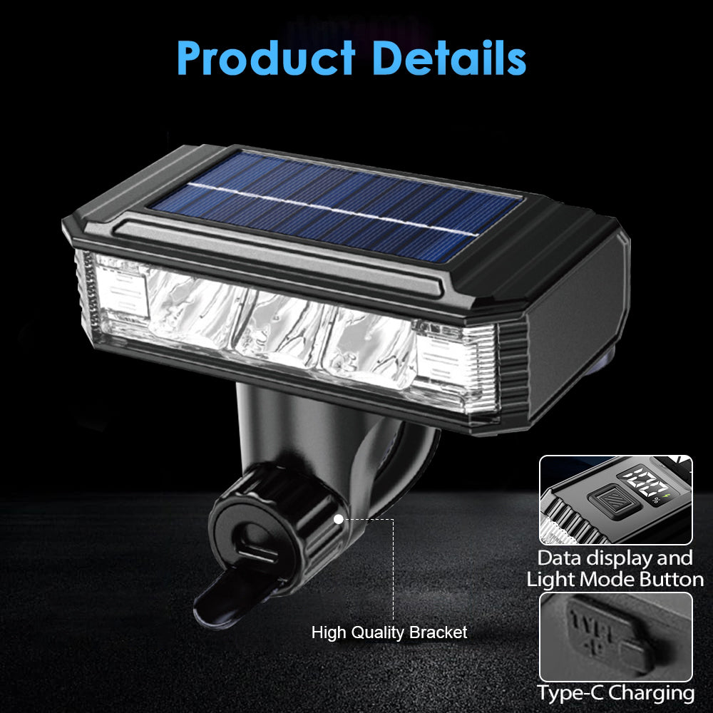 Solar Bike Light with Horn, 4000LM Rechargeable Bicycle Flood Headlight with Digital Display, 2000mAh Solar Bike Light Set
