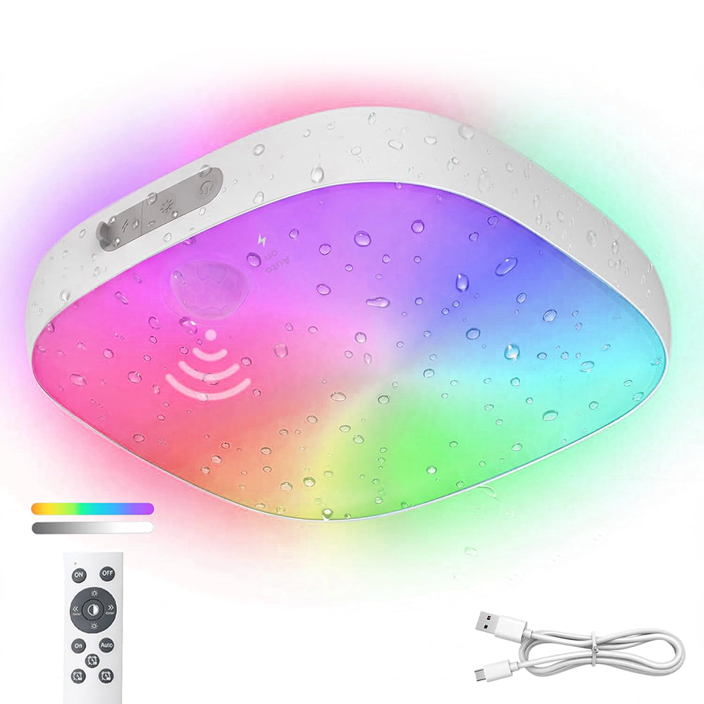 Shower Light Waterproof, Motion Sensor Ceiling Light, Rechargeable Ceiling Lights with Remote Control, 18 Colors with Timer for Bathroom Hallway Stair Walk-in Closet