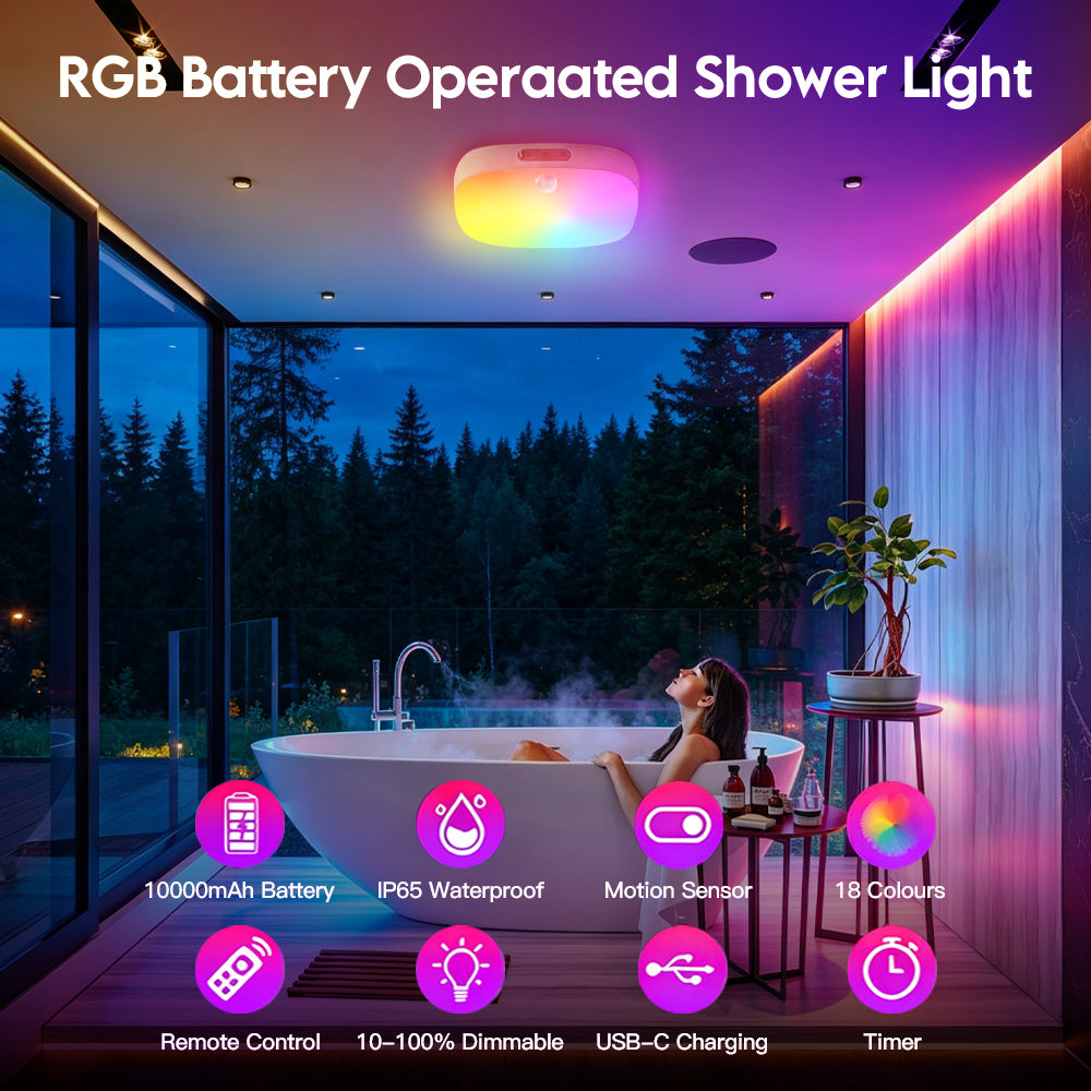 Shower Light Waterproof, Motion Sensor Ceiling Light, Rechargeable Ceiling Lights with Remote Control, 18 Colors with Timer for Bathroom Hallway Stair Walk-in Closet