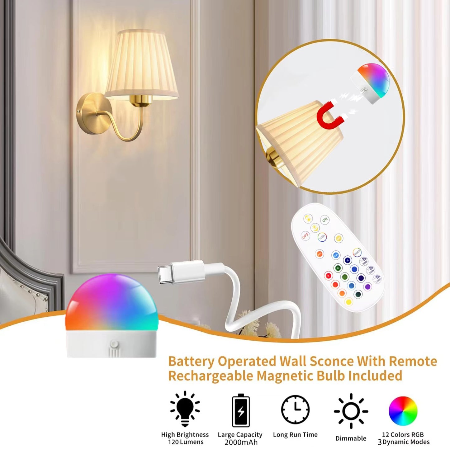 Battery Operated Wall Sconce, Set of 2 Gold Rechargeable Wall Lights with 10000mAh Dimmable Bulb, Wireless RGB Wall Lamp for Bedroom Living Room Hallway Décor