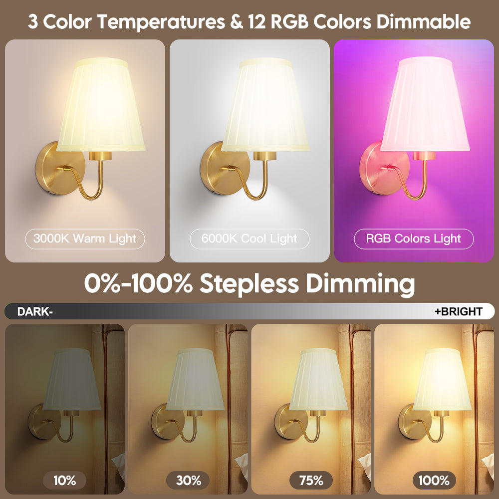 Battery Operated Wall Sconce, Set of 2 Gold Rechargeable Wall Lights with 10000mAh Dimmable Bulb, Wireless RGB Wall Lamp for Bedroom Living Room Hallway Décor
