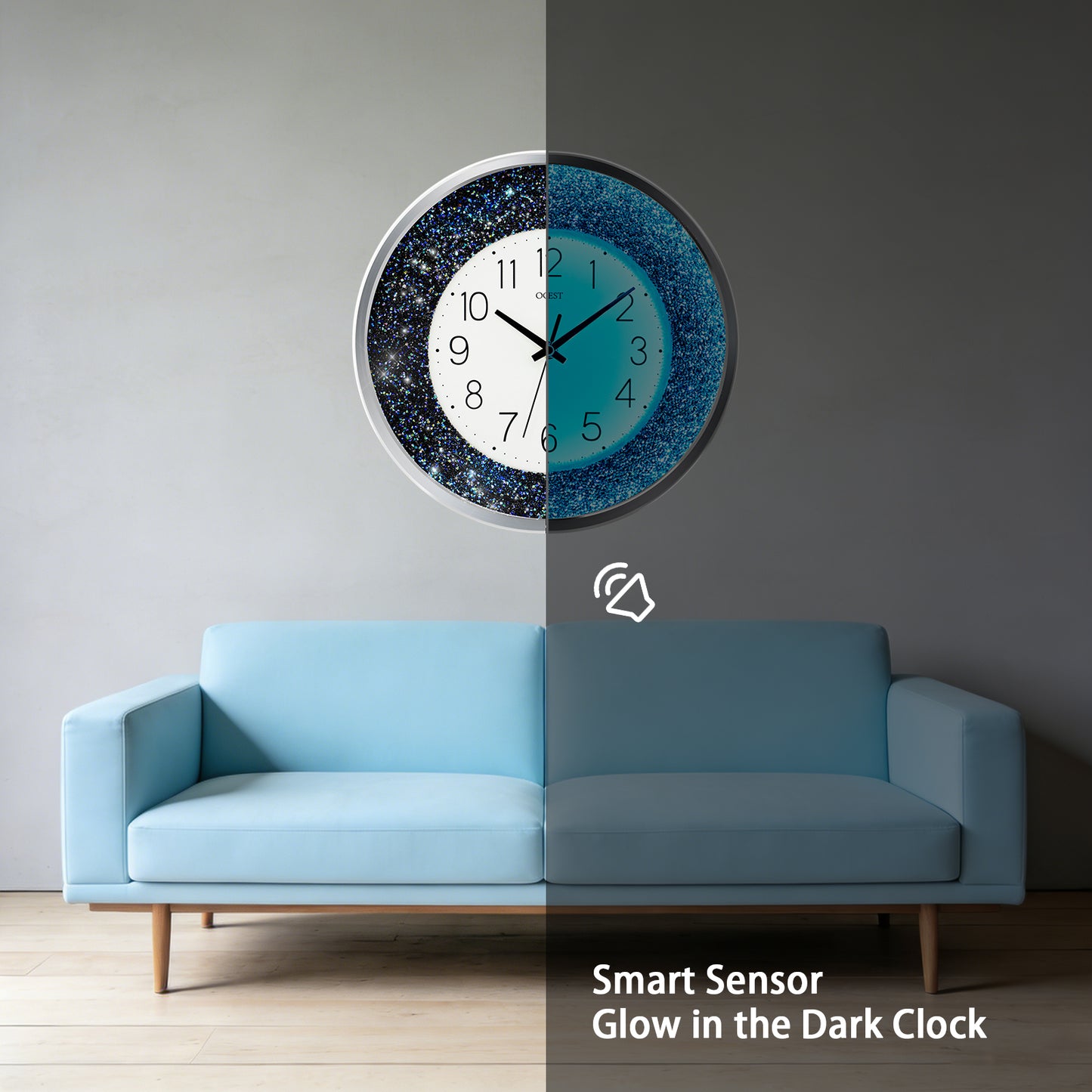 OCEST 12 Inch Crushed Diamond Wall Clock with Night Light, Blue