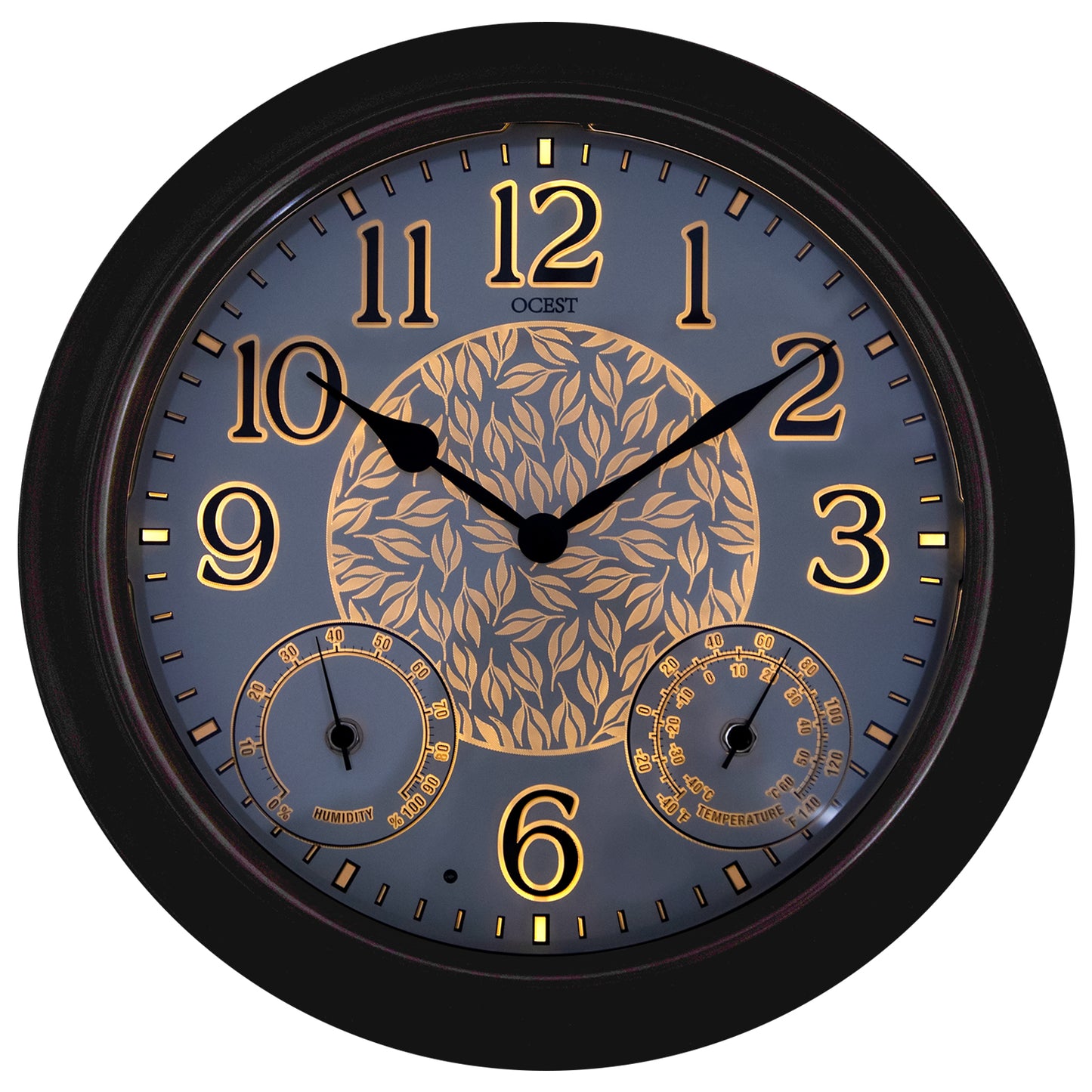 OCEST 15 Inch Metal Illuminated Wall Clocks Waterproof with Thermometer & Hygrometer Smart Sensor