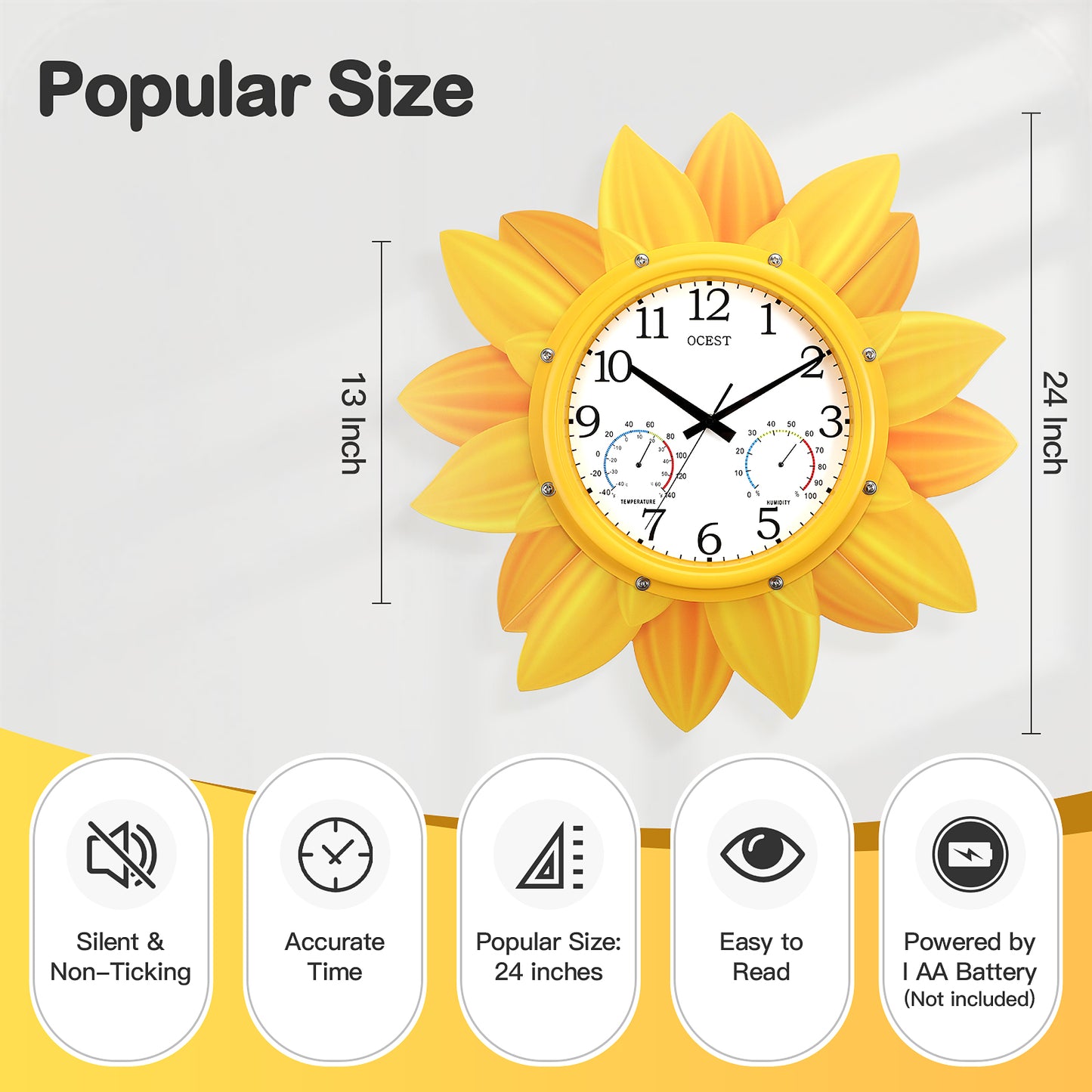 OCEST 24 Inch Waterproof Sunflower Outdoor Clock with Thermometer Hygrometer