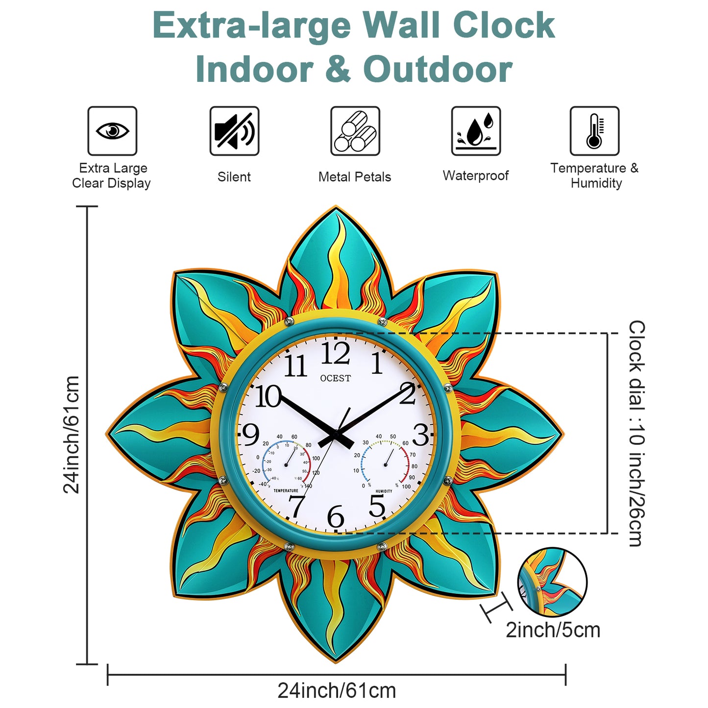 OCEST 24 Inch Outdoor Clock Waterproof with Thermometer and Hygrometer