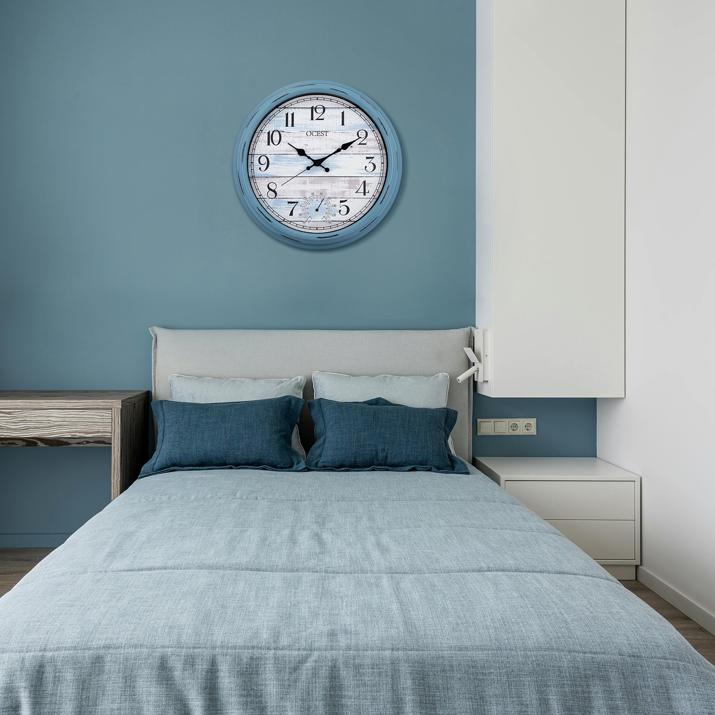 OCEST 16 Inch Outdoor Clock Waterproof with Thermometer Blue Nautical Style