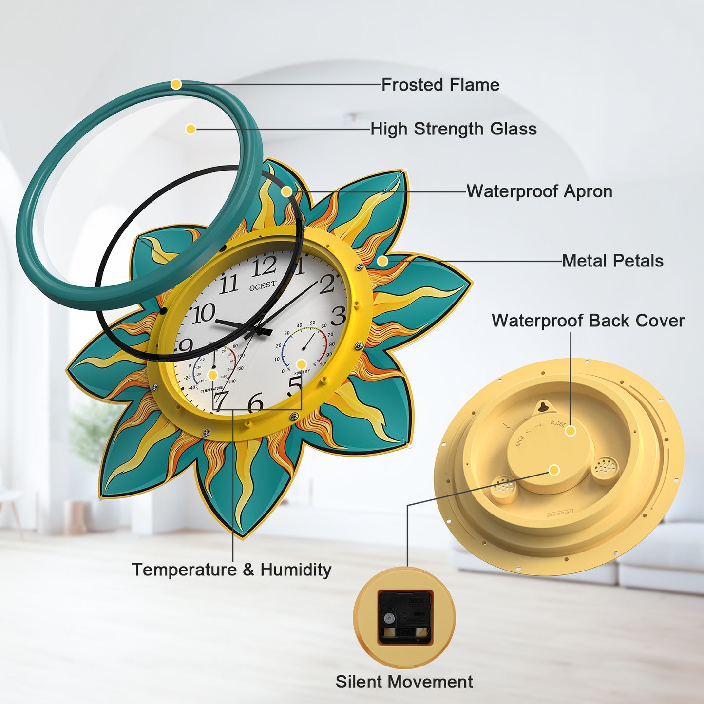 OCEST 24 Inch Outdoor Clock Waterproof with Thermometer and Hygrometer