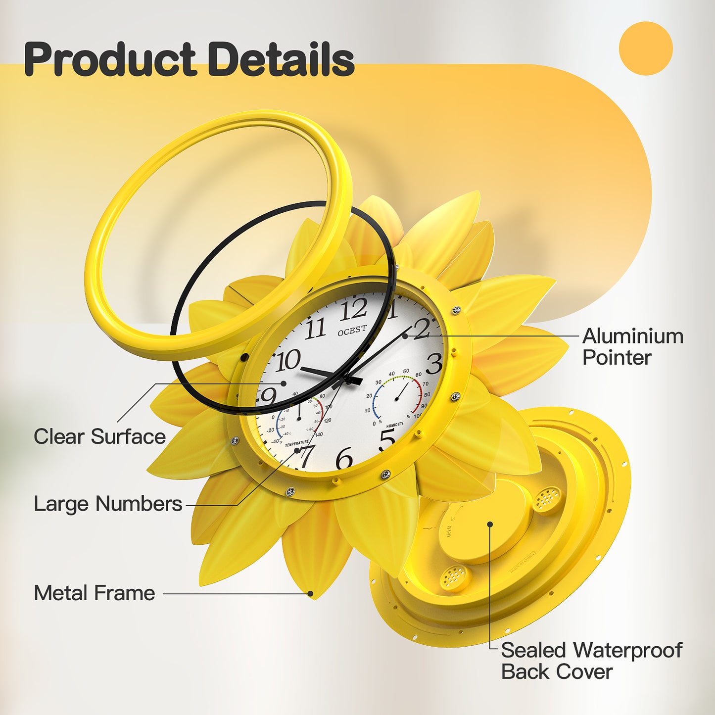 OCEST 24 Inch Waterproof Sunflower Outdoor Clock with Thermometer Hygrometer