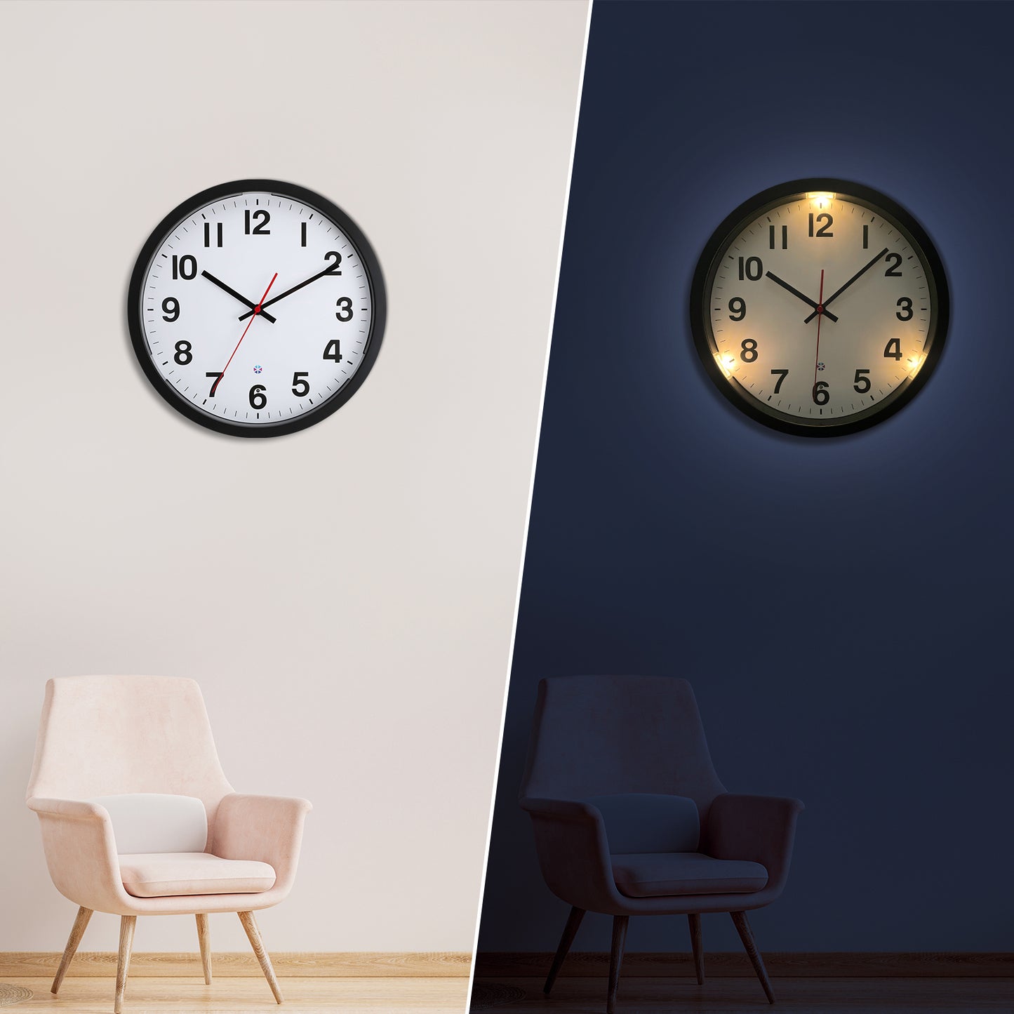 Night Light Wall Clock for Bedroom, 12'' Silent Glow in the Dark Clock, Sound Control/Light Sensor Lighted up Wall Clock, 3 Modes Battery Operated for Living Room/Kitchen, Large Digital Display