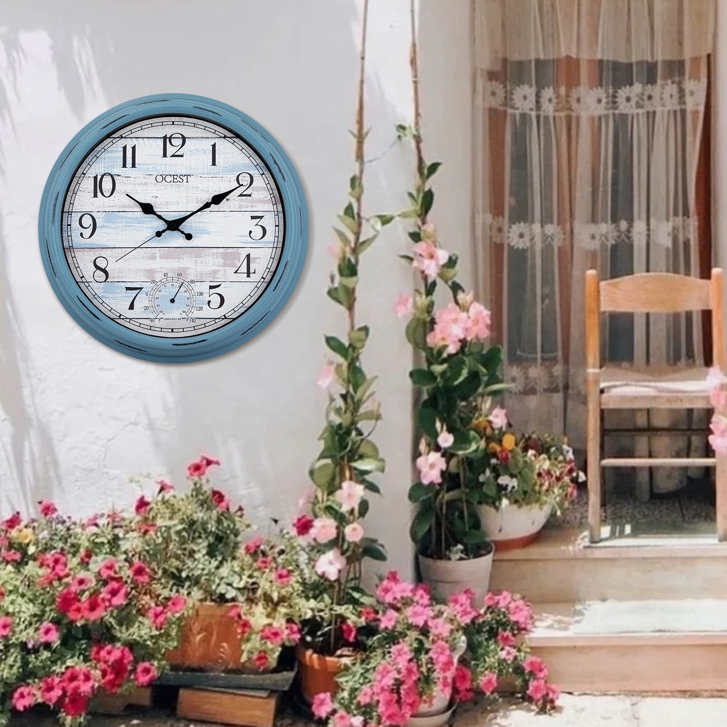 OCEST 16 Inch Large Outdoor Clock, Waterproof Retro Quartz Silent Clock with Thermometer, Battery Operated Decor Clock for Patio, Pool, Fence, Porch, Garden