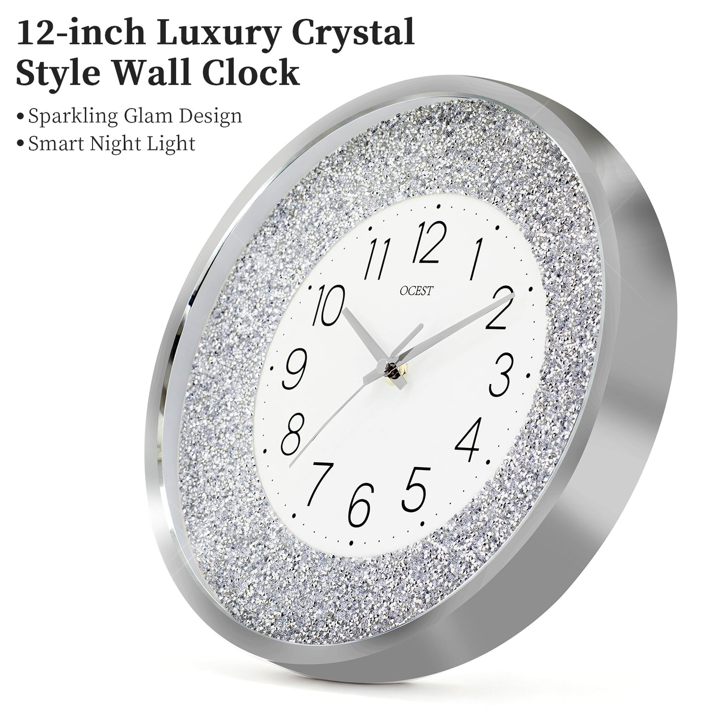 OCEST 12 Inch Crushed Diamond Wall Clock with Night Light, Silver