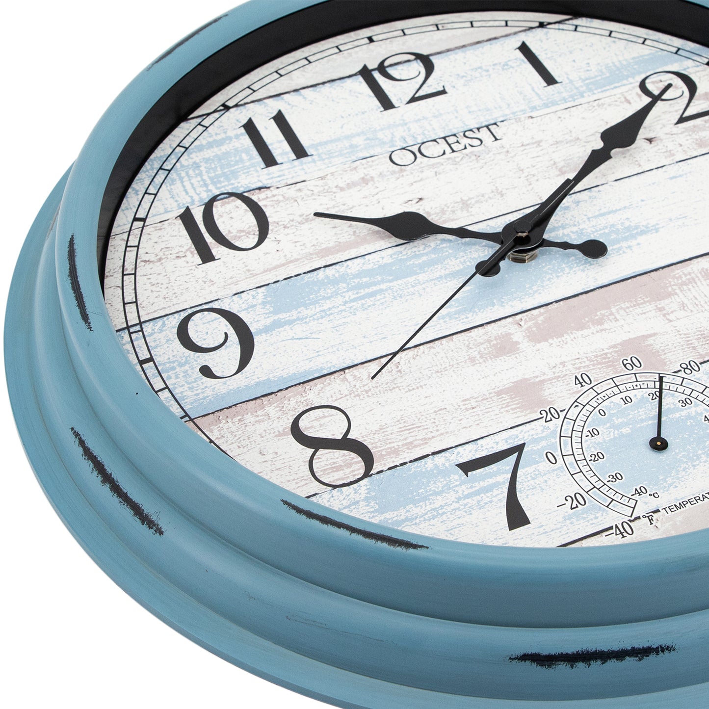 OCEST 16 Inch Outdoor Clock Waterproof with Thermometer Blue Nautical Style