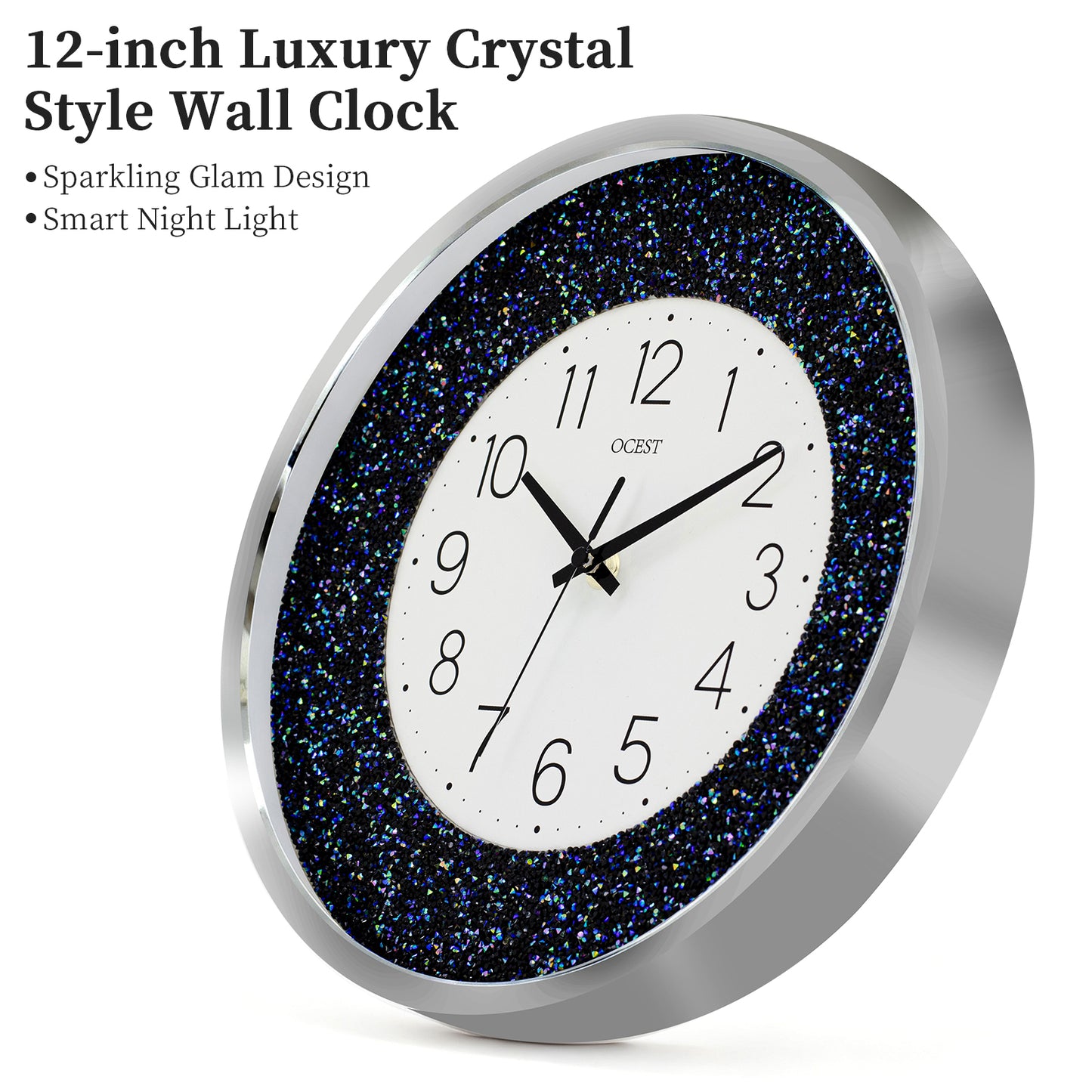 OCEST 12 Inch Crushed Diamond Wall Clock with Night Light, Blue