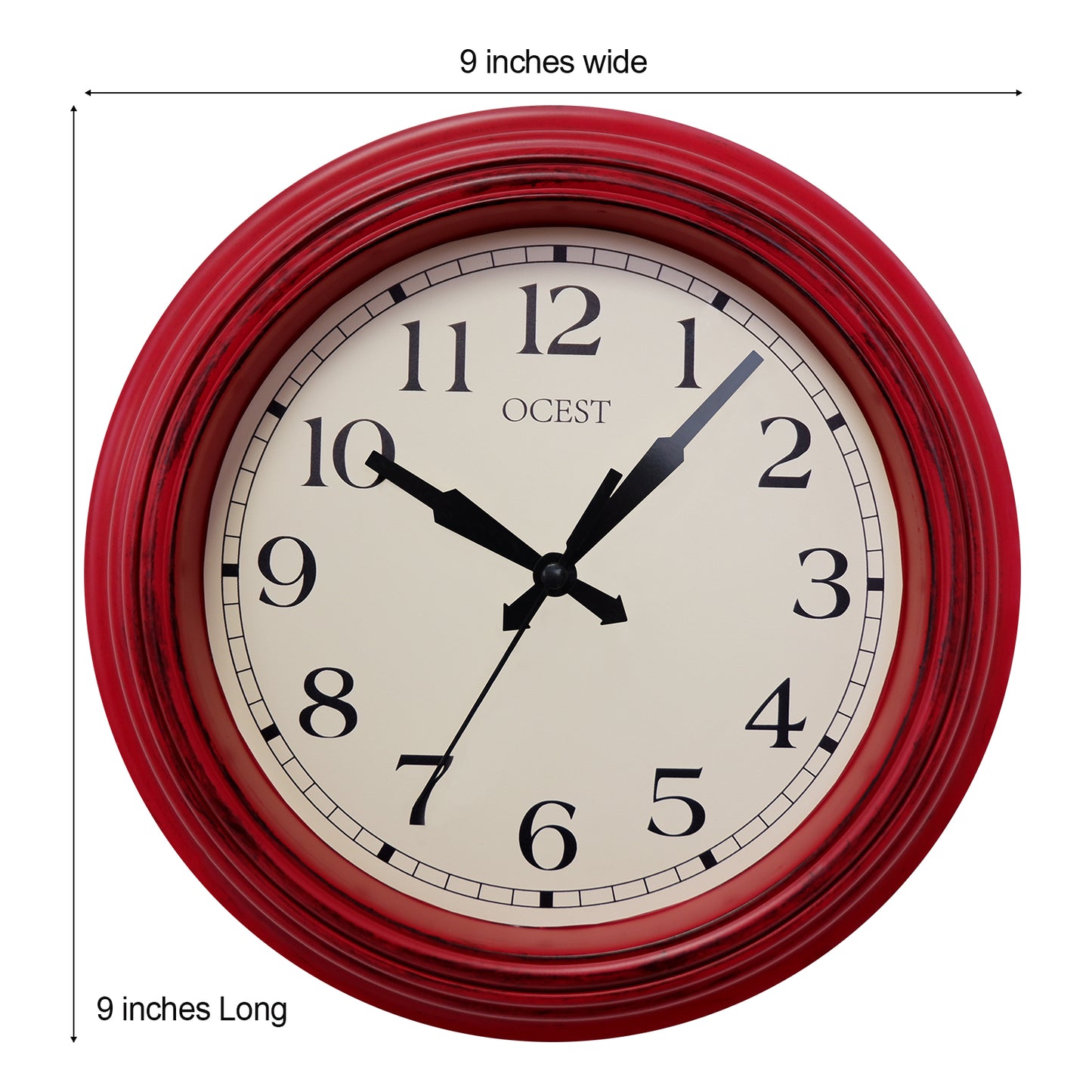 OCEST Retro Wall Clock 9 Inch Red Kitchen 50's Vintage Design Round Silent Non Ticking Battery Operated Quality Quartz Clock for Home Office Classroom
