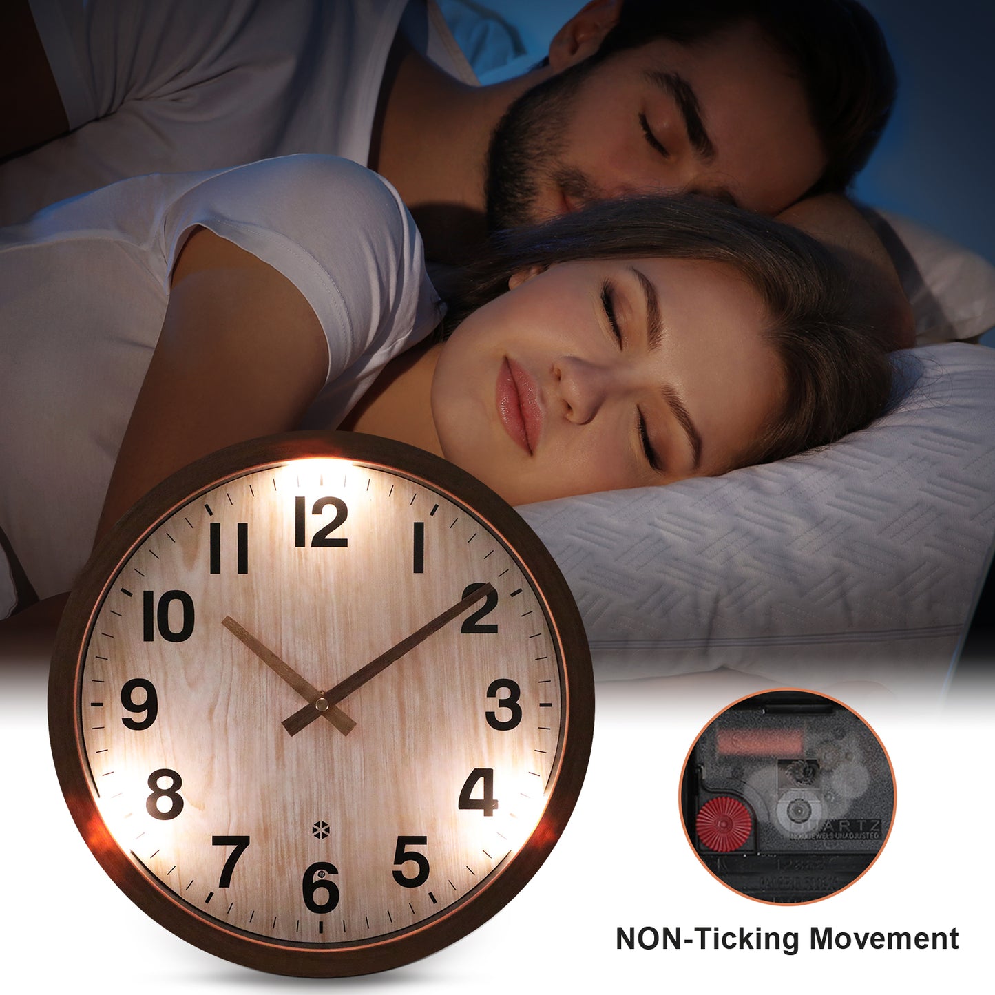 OCEST 12 Inch Silent Night Light Wall Clock Battery Operated for Bedroom Living Room