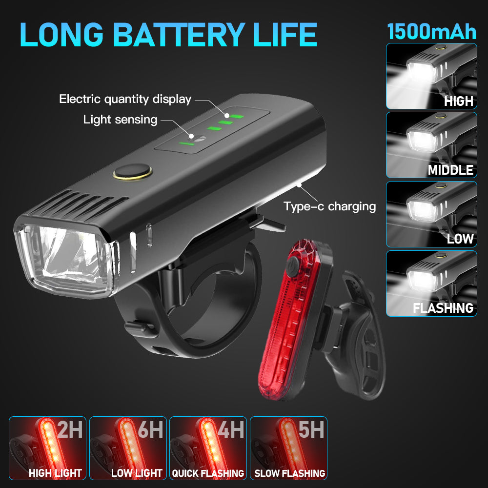 Bike Light Set, Rechargeable 1500mAh Light Sensing Bicycle Headlight Set with 4 Lighting Modes, Bike Front Light and Rear Light Set